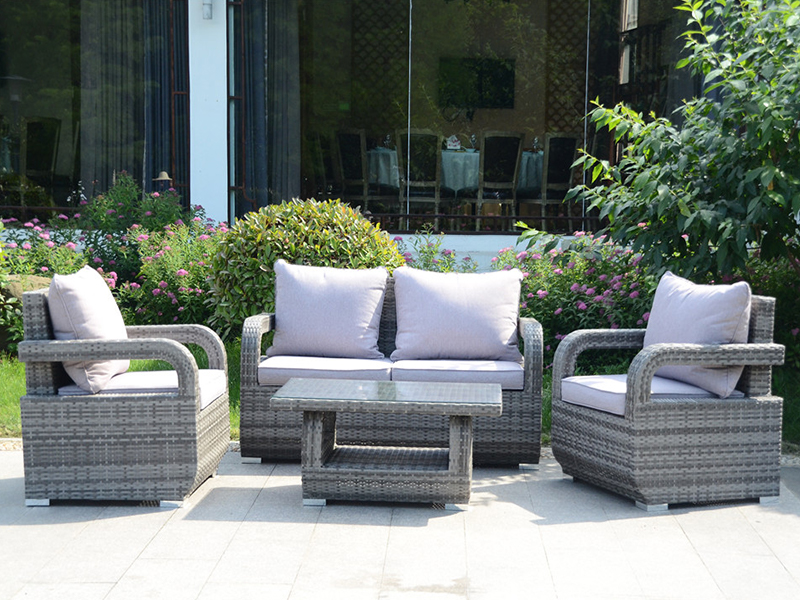 Set Sofa Weaving Rotan datar, 4pcs furnitur rotan luar ruangan, bingkai aluminium YQR-508