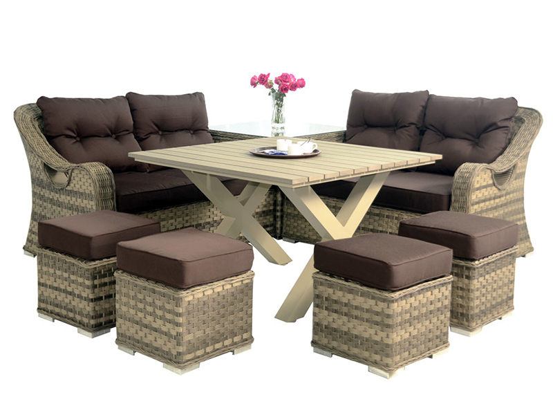 Meja Makan Modern Outdoor Set Furniture, Aluminium Rattan Chair Set and Table dengan Kayu Sintetis Di Atas, YQR-542A
